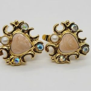 Trifari Earrings Clip Heart Gold Tone Clip Vintage Crystal Enamel .75